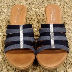 Italiana Wedge Sandals Size 11 M Blue Denim Stretch w/ Rhinestone